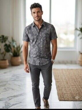 Vuori Shirt Mens Medium Gray Bridge Button Down Floral Short Sleeve Stretch V184